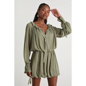 Lulus Kezzy Light Olive Ruffled Long Sleeve Bubble-hem Mini Dress Green - Size M